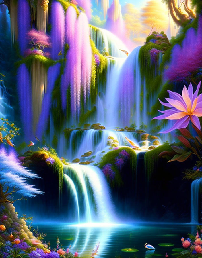 Fantastical landscape with waterfalls, pink flower, and serene pond