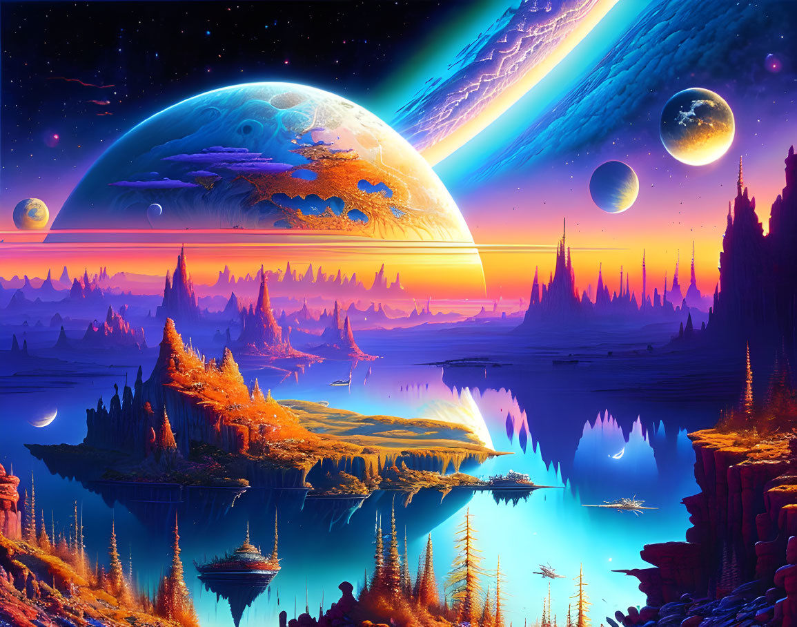 Alien formations, reflective water, trees in sci-fi landscape