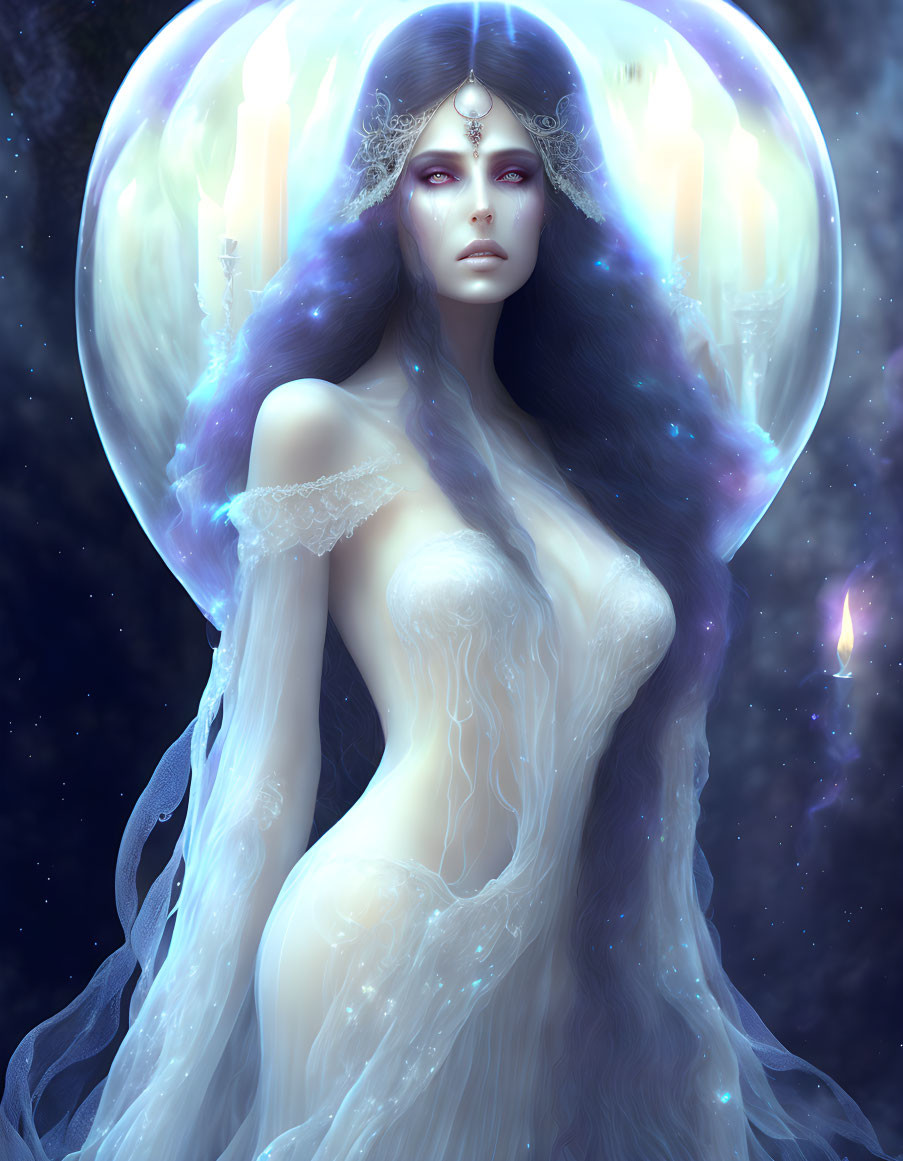 Ethereal woman with violet eyes in translucent gown under starry sky