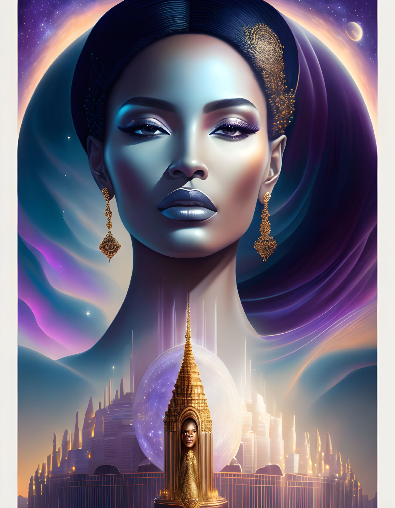 Ethereal Woman with Cosmic Background and Temple Structure