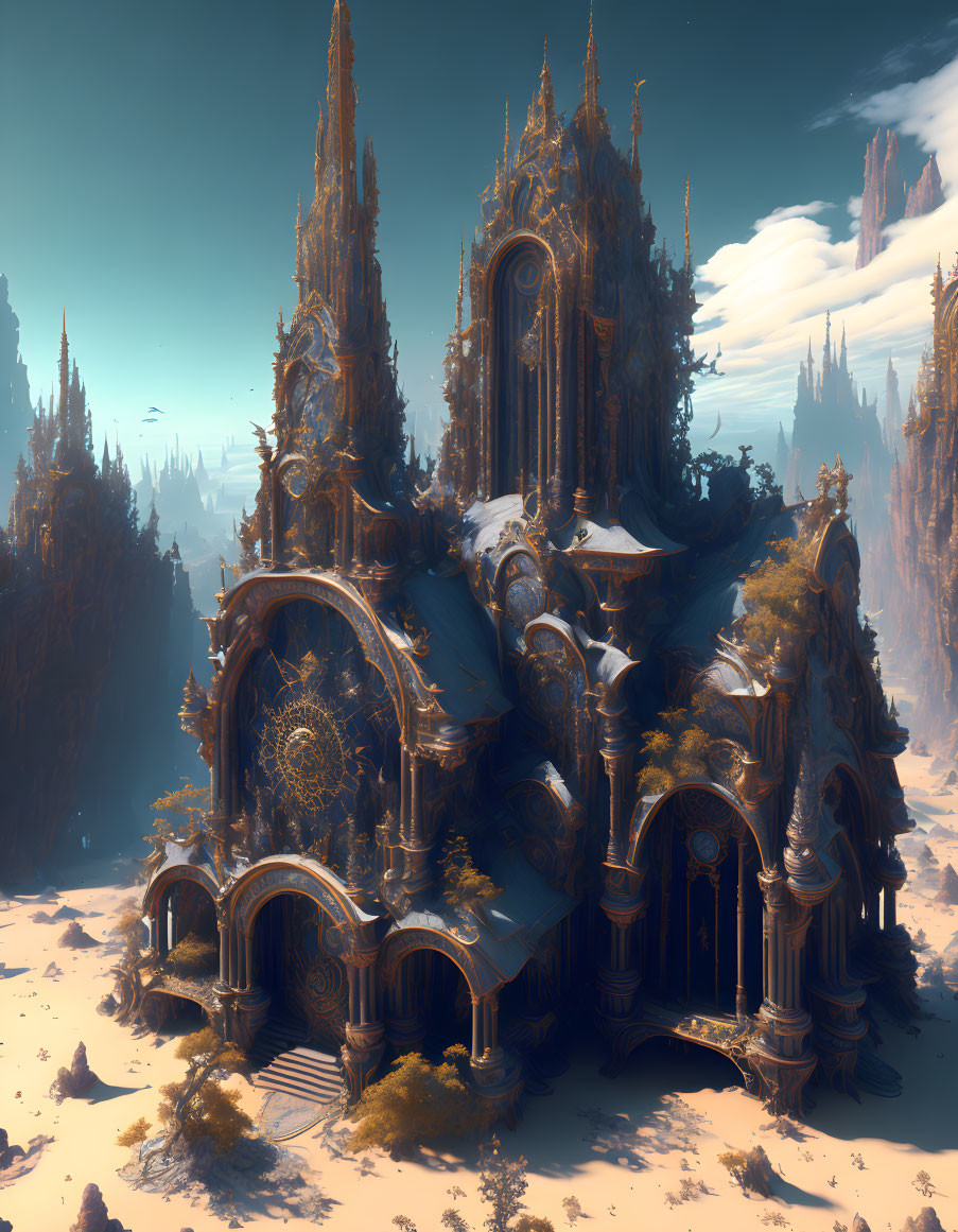 Fantasy gothic cathedral in sandy landscape with intricate architecture