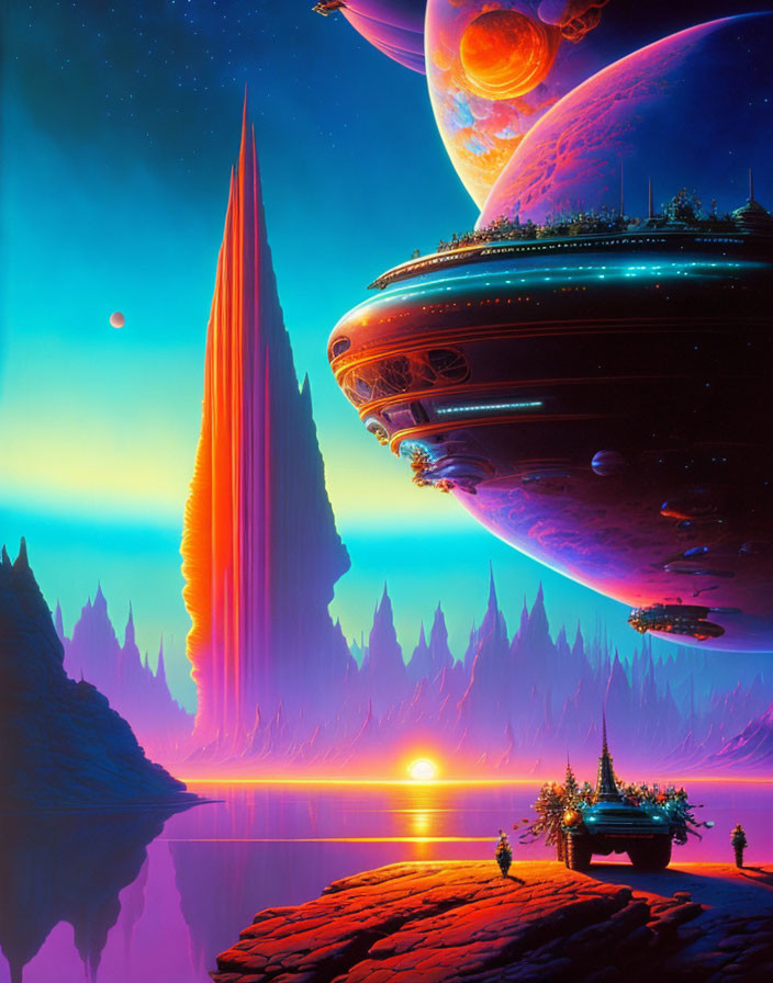 Sci-fi landscape with towering spires, serene lake, and massive planets in colorful sky