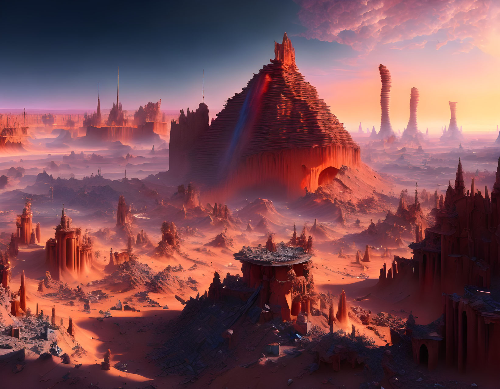 Desert landscape at dusk with rock formations, ruins, and central mountain