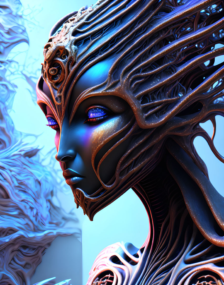 Detailed 3D rendering of futuristic being with ornate exoskeleton head, vibrant blue skin,