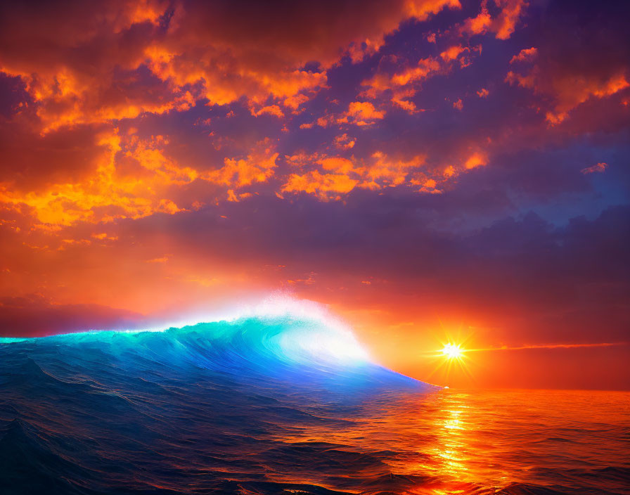 Dramatic sunset sky with vibrant sea wave and fiery clouds