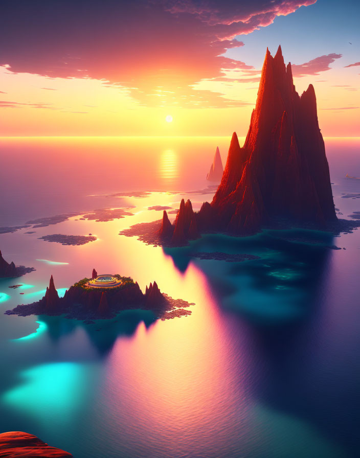 Majestic ocean landscape with glowing water and rock formations