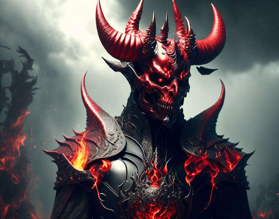 Sinister demonic figure in dark armor with red eyes and horns in fiery landscape