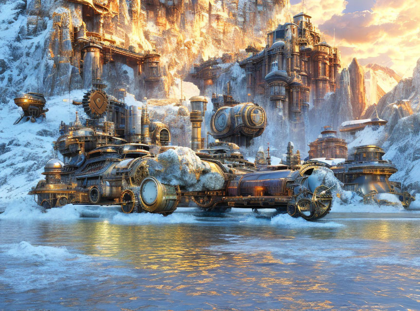 Steampunk-style cityscape against icy cliffs and frozen lake at sunset