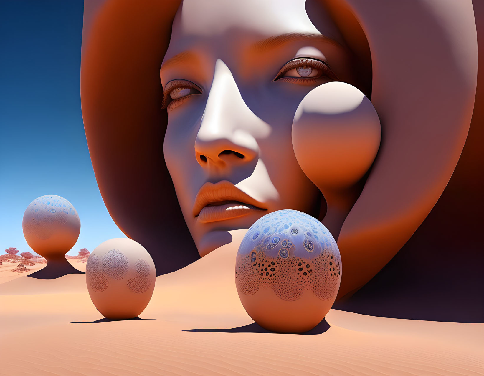 Large woman's face merges with desert landscape in surreal artwork