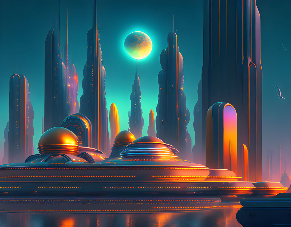 Futuristic cityscape with towering spires and luminous buildings