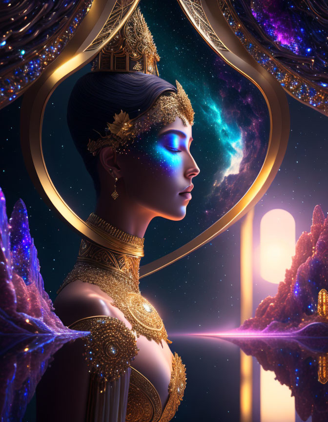 Woman with golden headpiece and cosmic background, glowing wings.