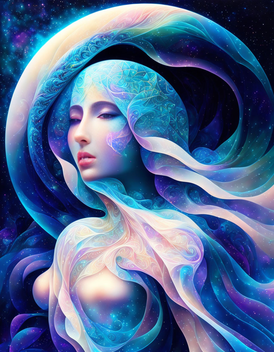 Digital art: Woman with flowing hair and celestial patterns on cosmic background