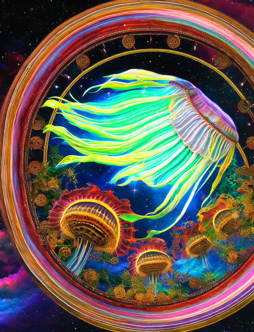 Colorful cosmic jellyfish in golden celestial frame