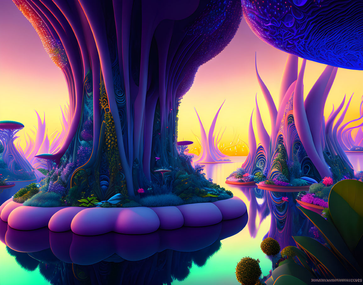Colorful Alien Forest with Oversized Mushrooms and Exotic Plants Reflecting in Water at Sunset