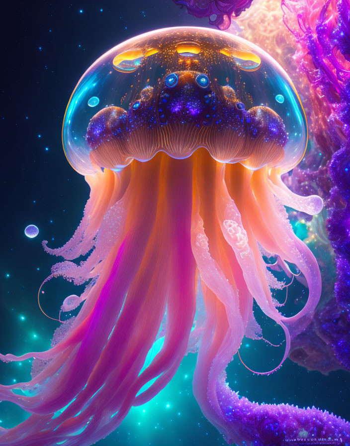 Vibrant digital jellyfish art: translucent body in orange and purple, set against marine coral backdrop