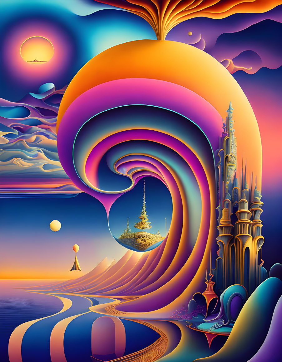 Surreal landscape with wave-like structure, castle, and colorful sky