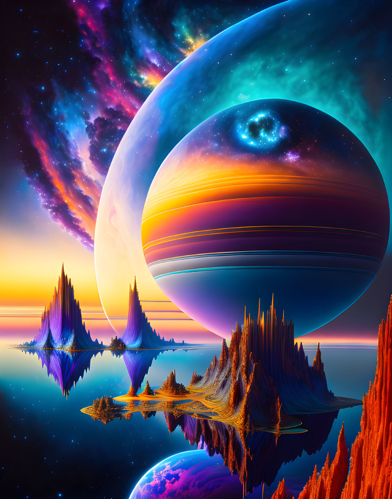 Enormous planets over surreal, colorful sci-fi landscape