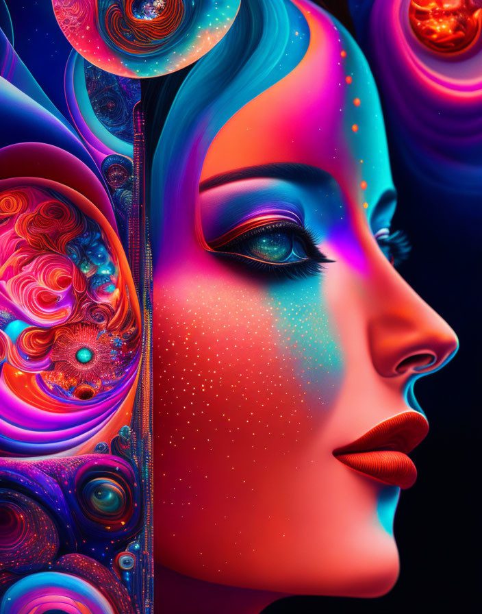 Colorful digital artwork: Woman's profile with cosmic elements & neon swirls