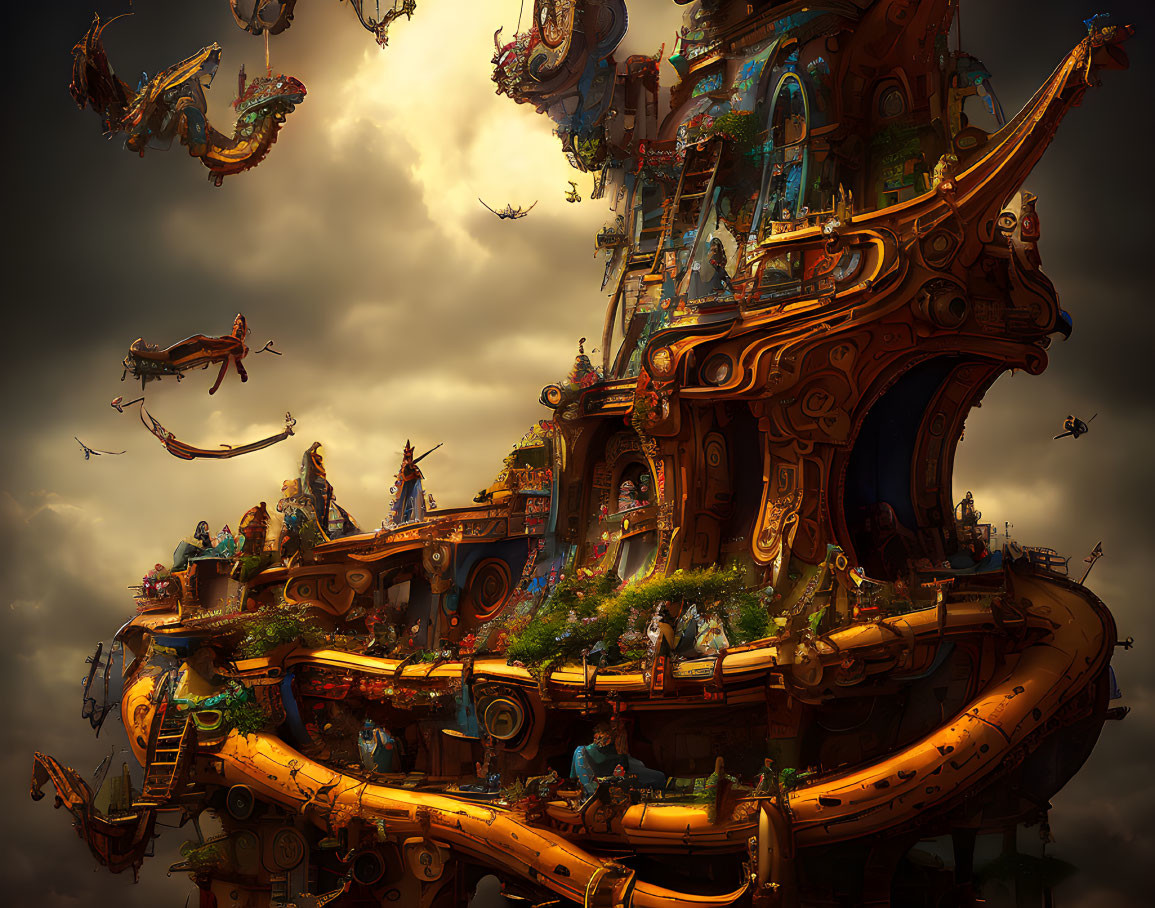 Ornate floating city with flying vessels in dramatic sky