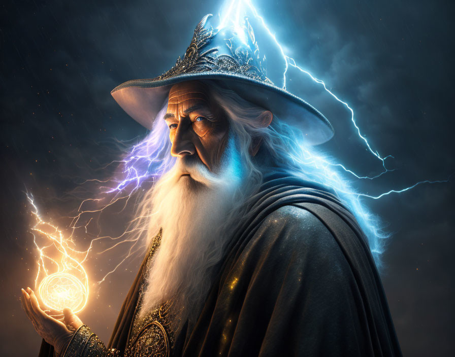 Elderly Wizard with White Beard Conjuring Glowing Orb and Electricity