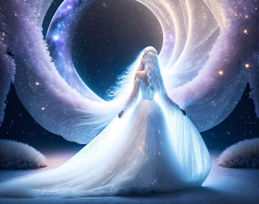 Woman in glowing white dress against cosmic backdrop of galaxies and stars