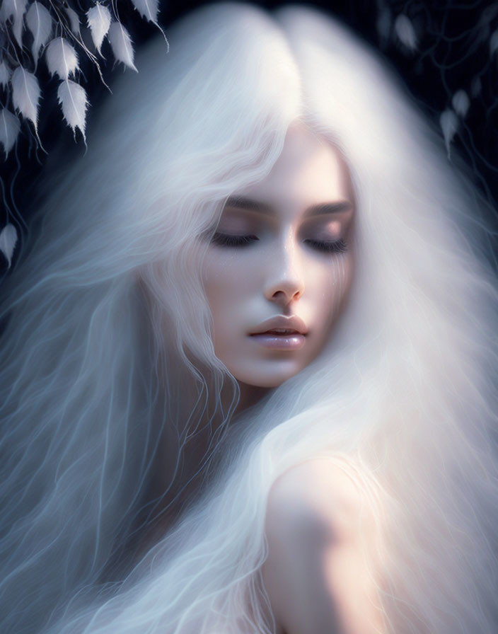 Portrait of person with long white hair and closed eyes in dreamlike beauty.