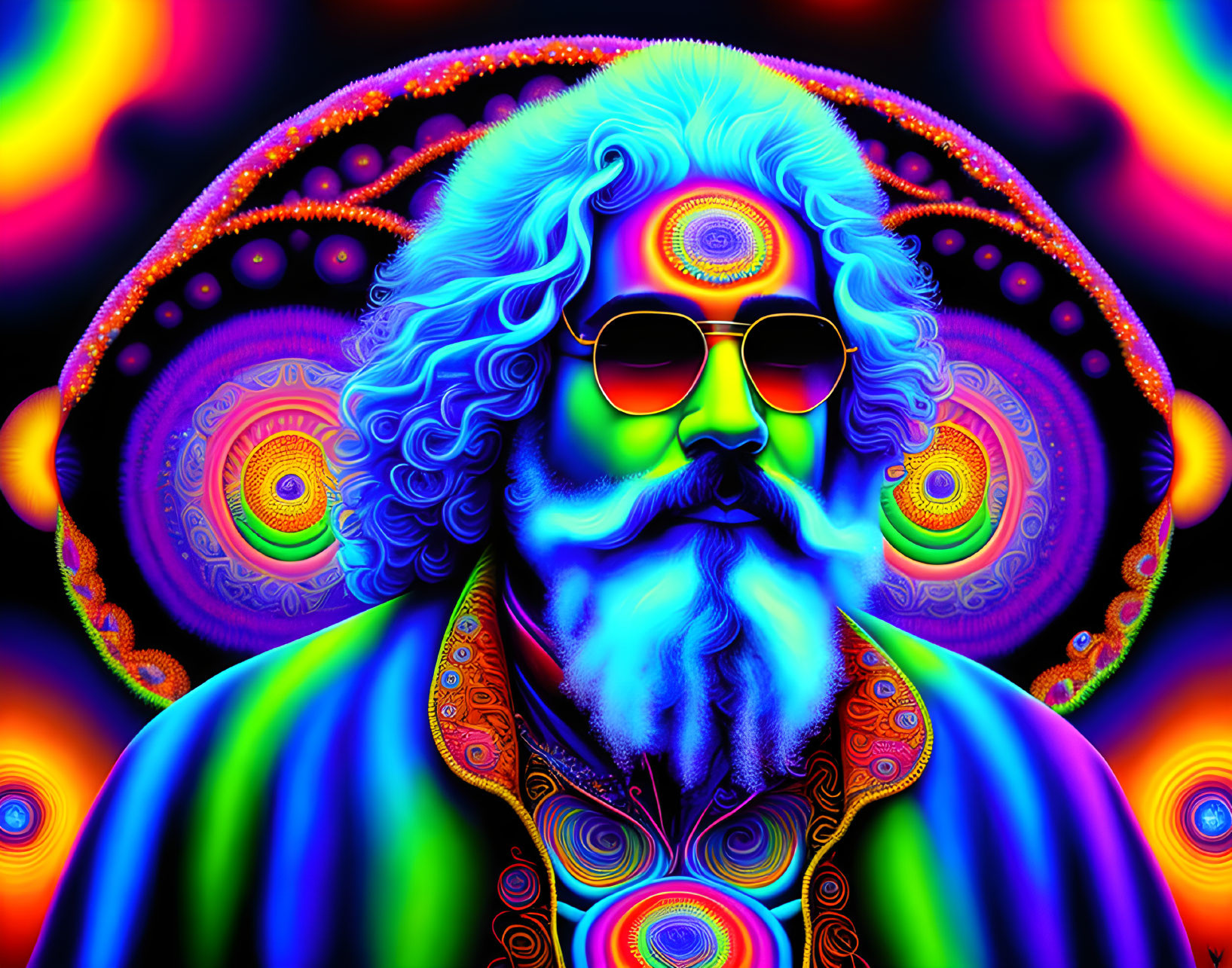 Colorful psychedelic portrait of a man with beard and sunglasses.