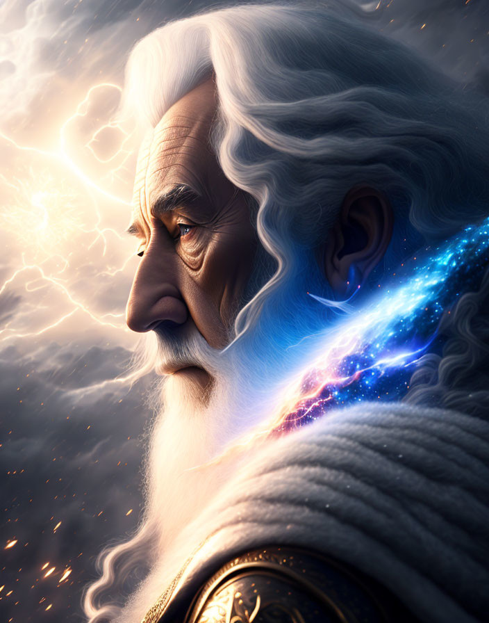 Elderly wizard with white hair and celestial energy under glowing sky