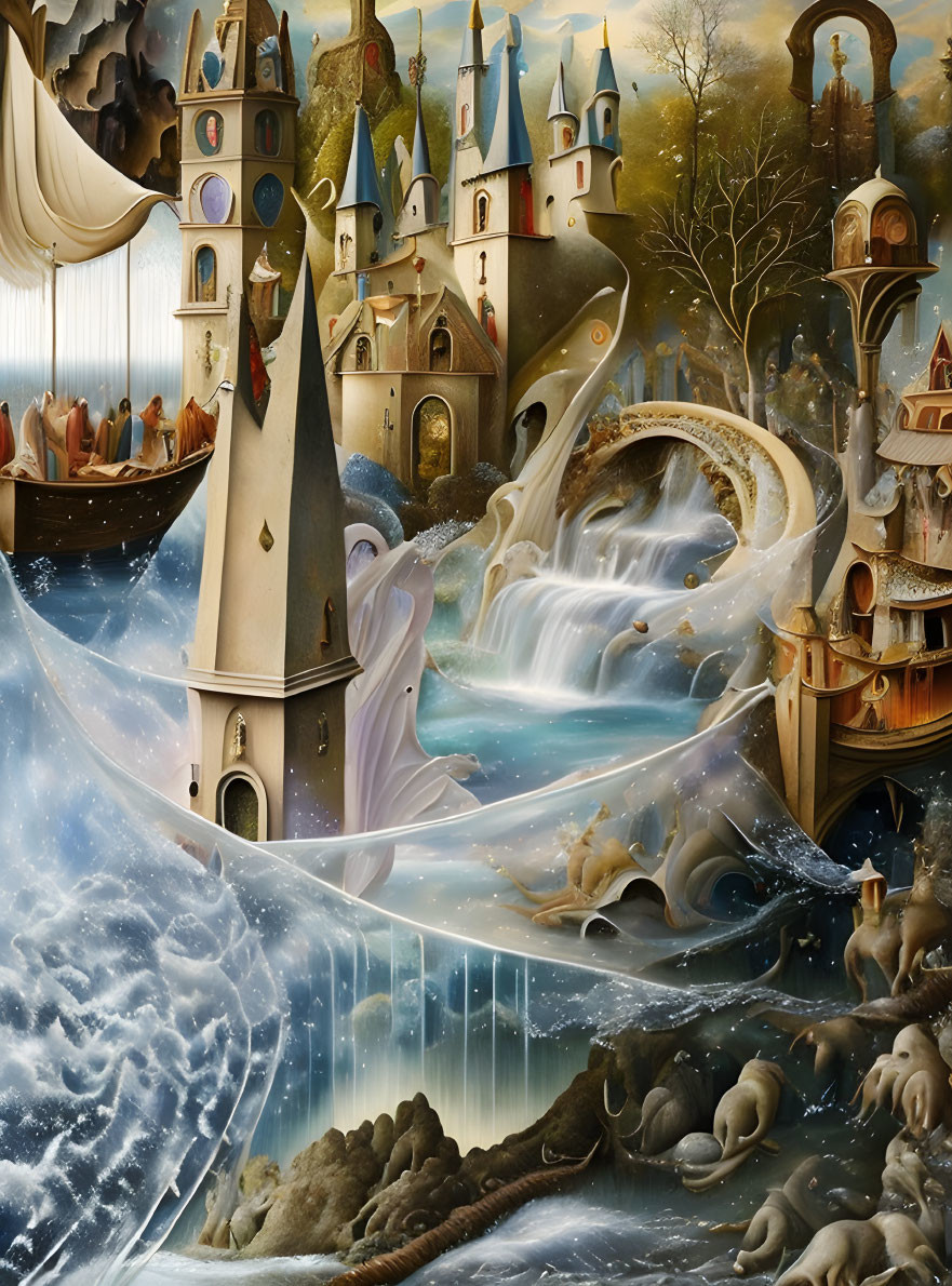Medieval architecture and surreal landscapes in a fantastical painting