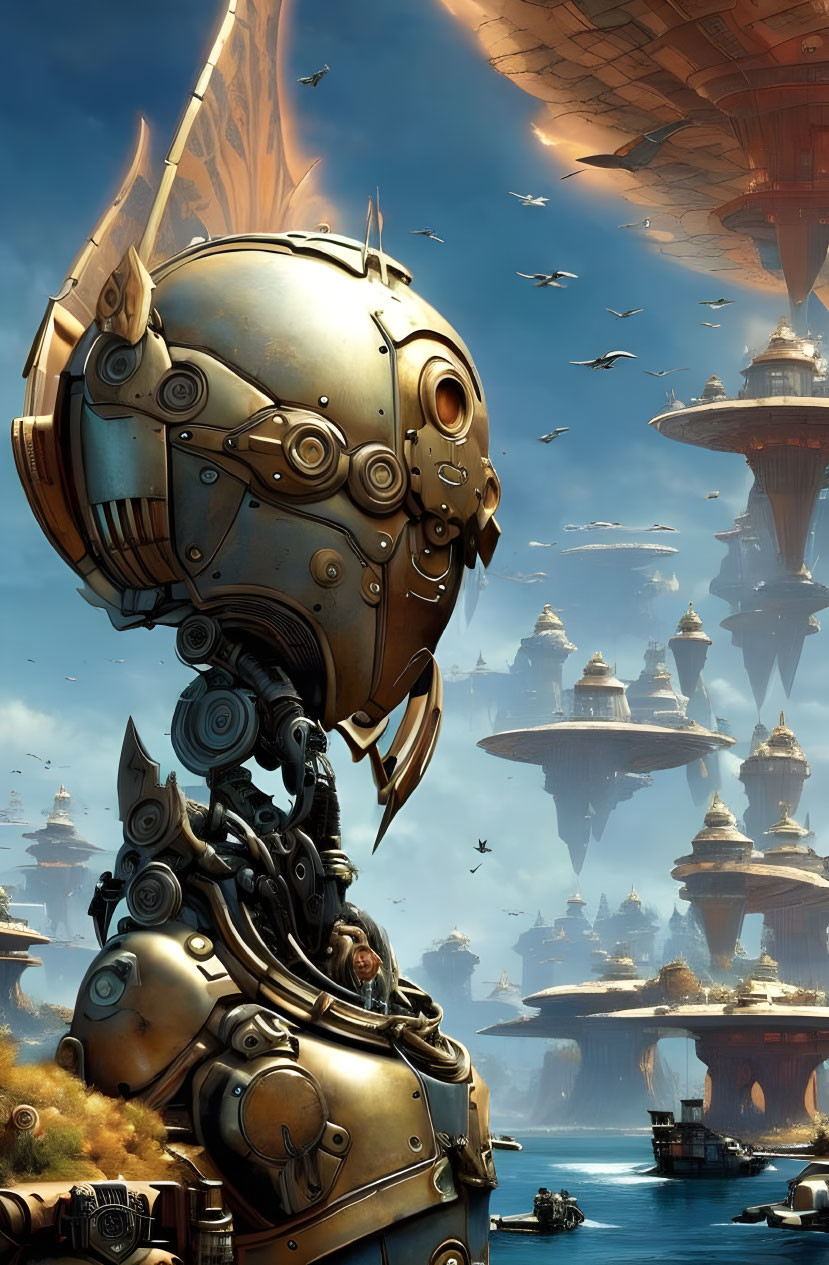 Detailed humanoid robot with futuristic cityscape and flying vehicles.