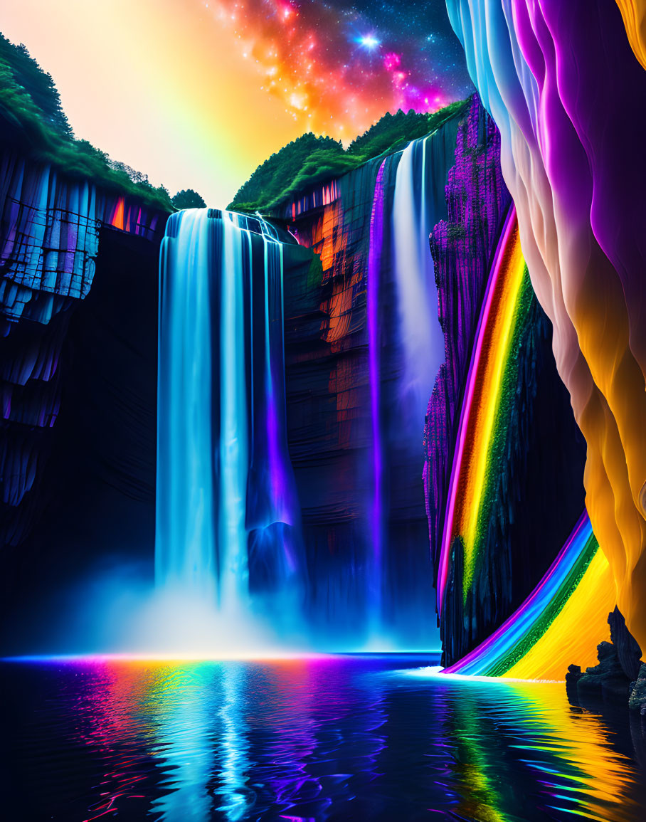 Vibrant multicolored waterfall cascading into tranquil lake under starry sky