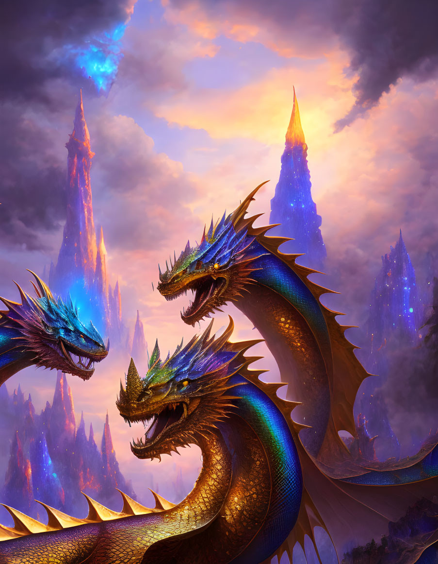 Majestic dragons near crystalline spires at twilight