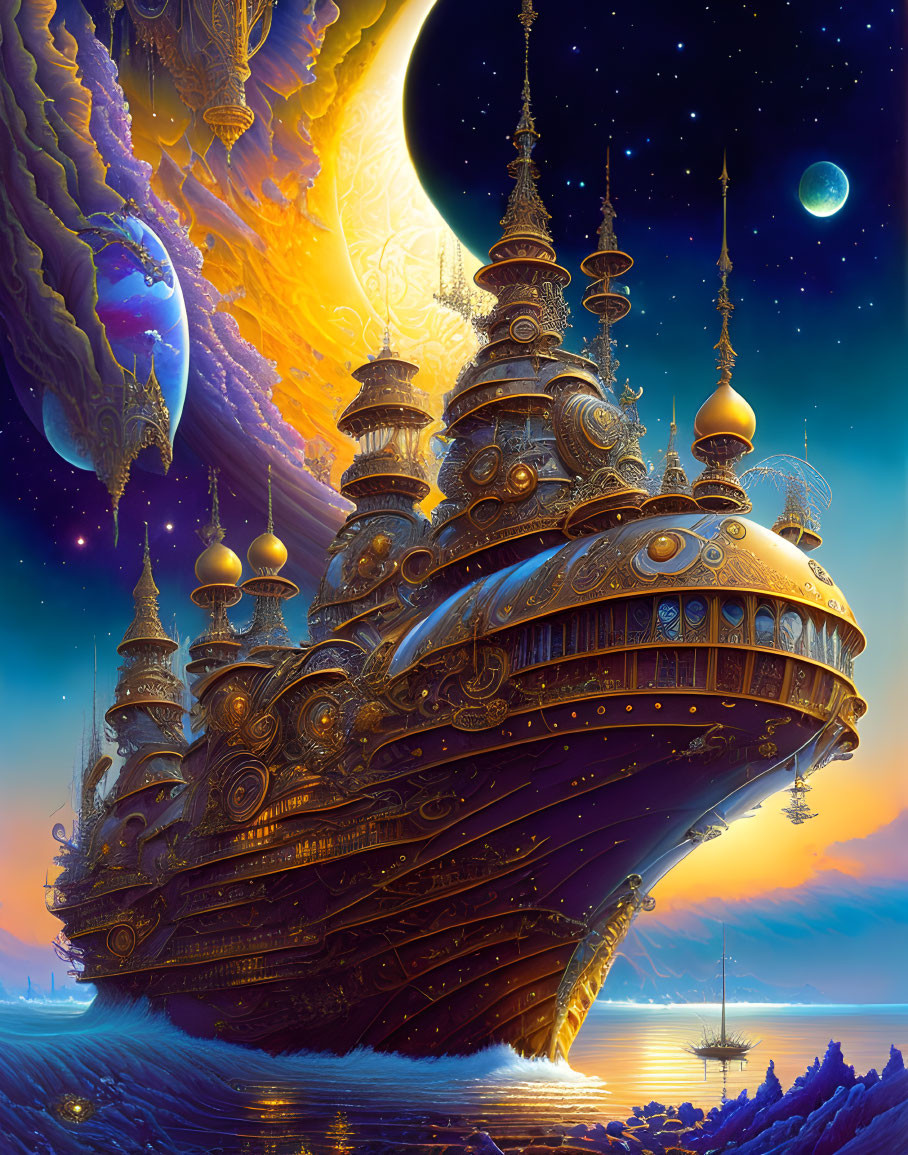 Fantastical ornate ship with glowing domes sailing on calm waters at dusk