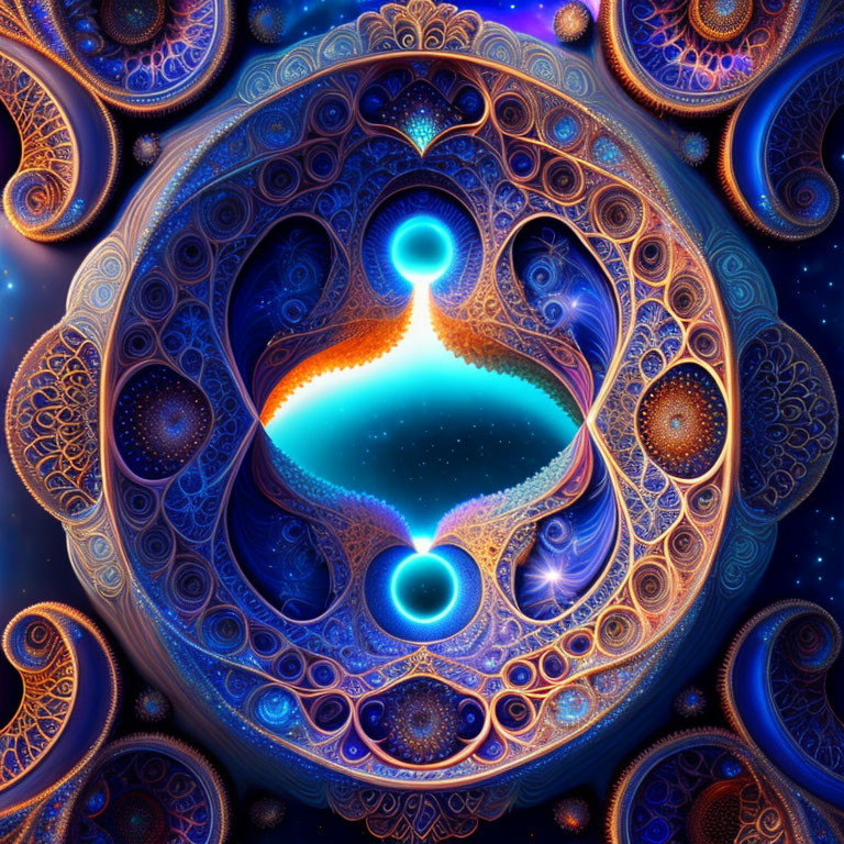 Intricate blue and orange fractal patterns on deep blue background