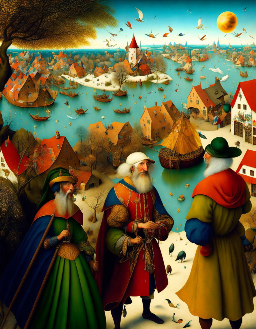 Detailed Renaissance painting with figures, ships, and whimsical creatures