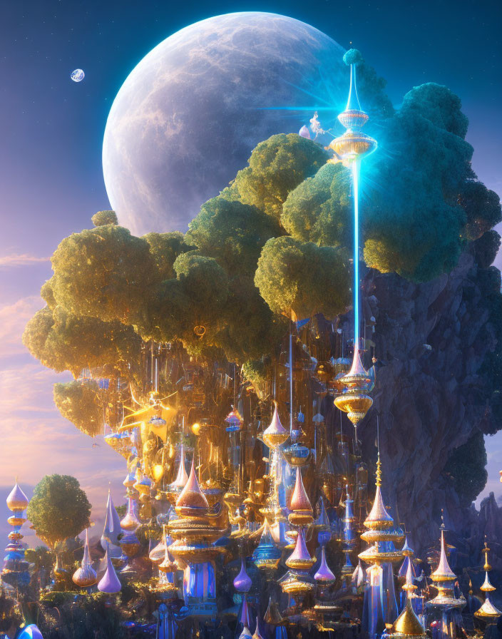 Fantastical city with golden spires and illuminated trees at twilight