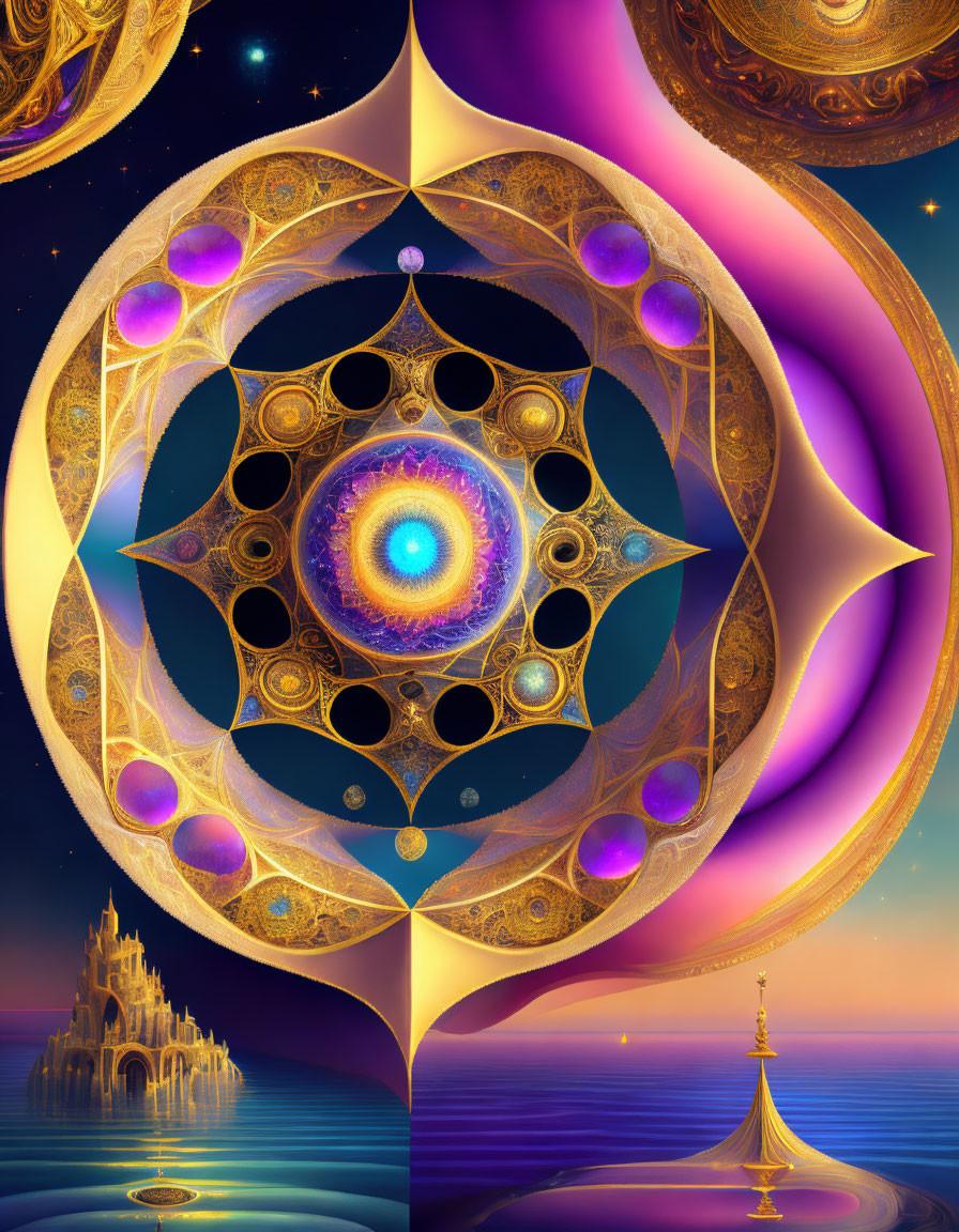 Surreal cosmic landscape with fractal elements and celestial castle