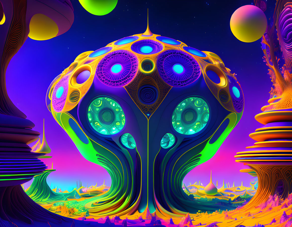 Colorful alien landscape with mushroom-like structure under purple sky