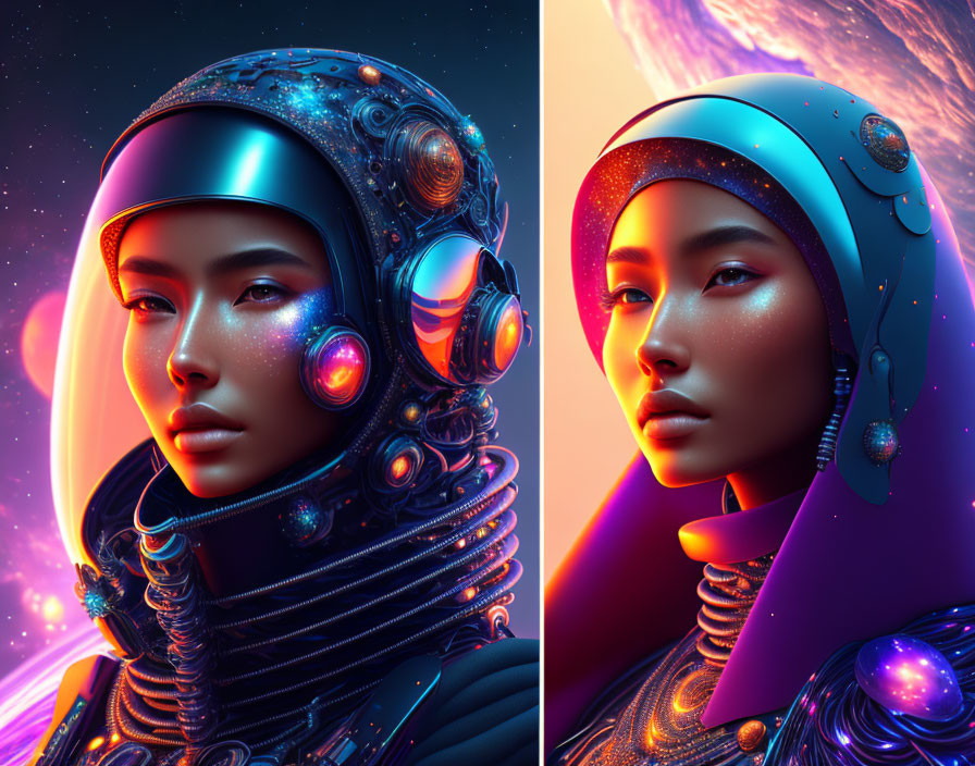 Digital artwork: Woman in astronaut suit and hijab in cosmic setting