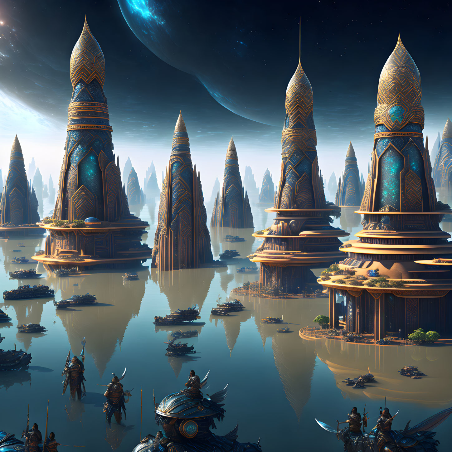 Futuristic cityscape with tall spire-like buildings, starry sky, spaceships, and