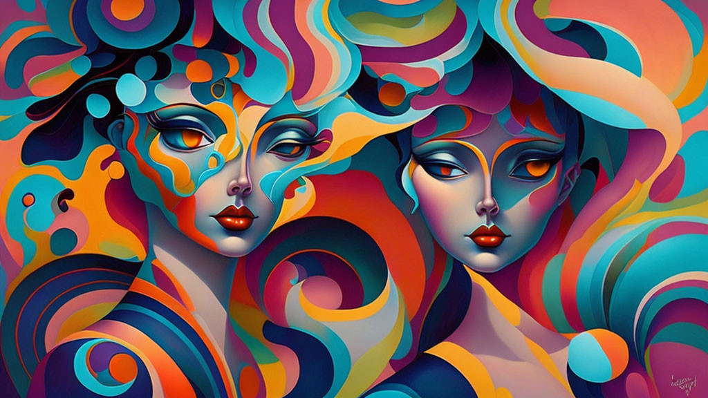 Abstract Artwork: Colorful Stylized Female Faces in Swirling Patterns