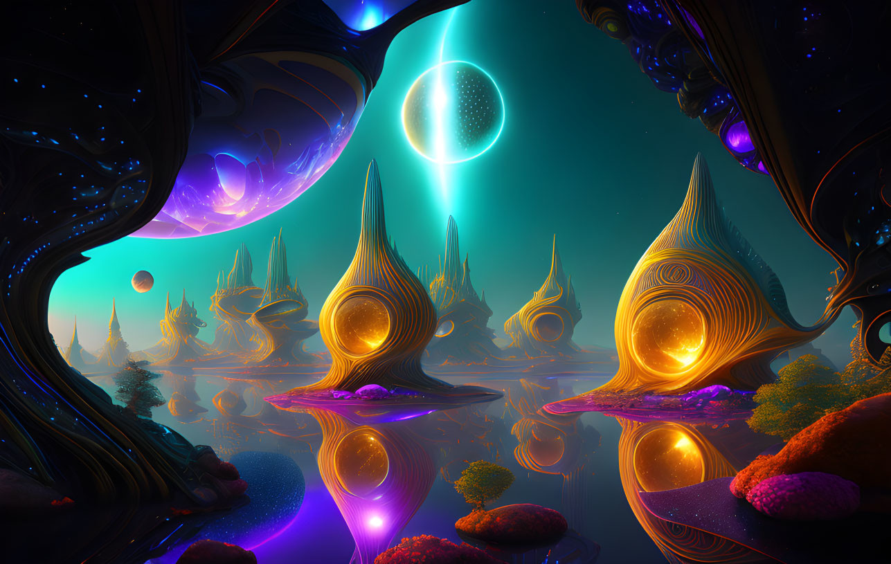 Surreal Landscape with Glowing Teardrop Structures