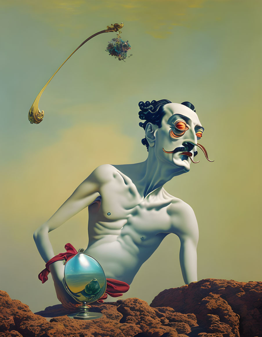 Surreal digital artwork of muscular figure with clown-like mask and reflective sphere balancing, whimsical plant