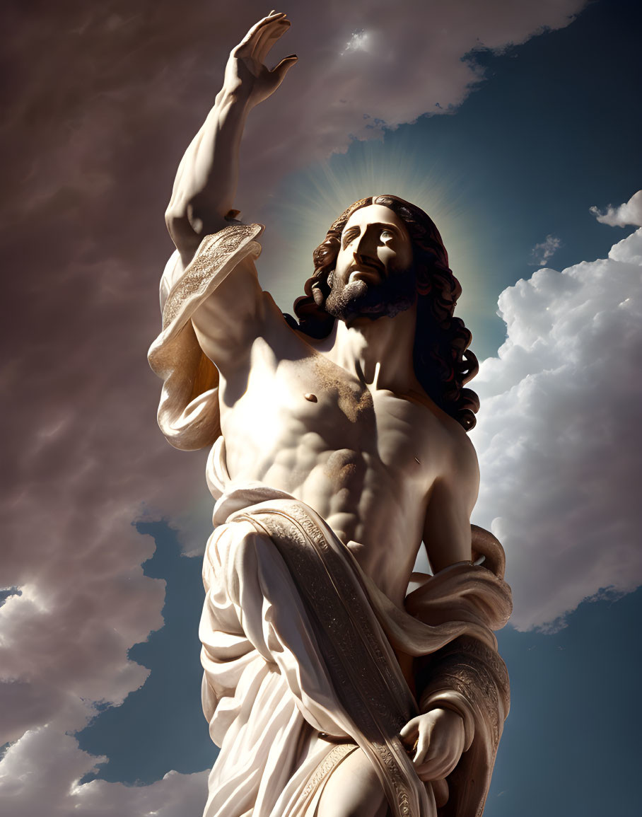 Man Statue with Radiant Halo Against Dramatic Sky