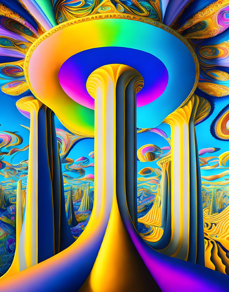 Colorful Psychedelic Digital Art with Blue Circular Focal Point