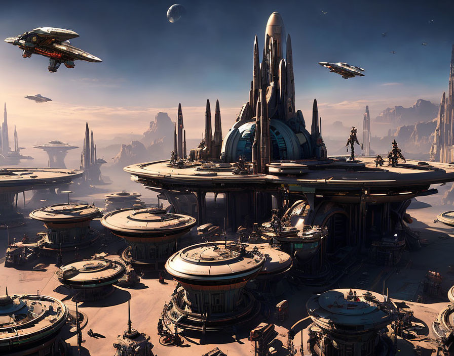 Futuristic cityscape with towering structures and flying vehicles