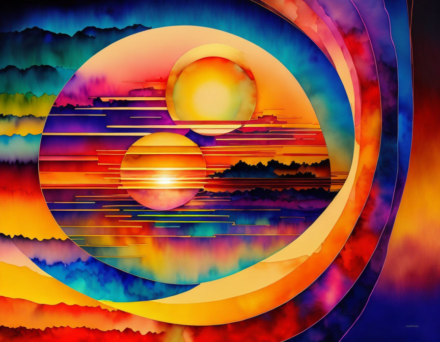 Colorful Abstract Artwork: Layered Circles and Stripes in Rainbow Colors