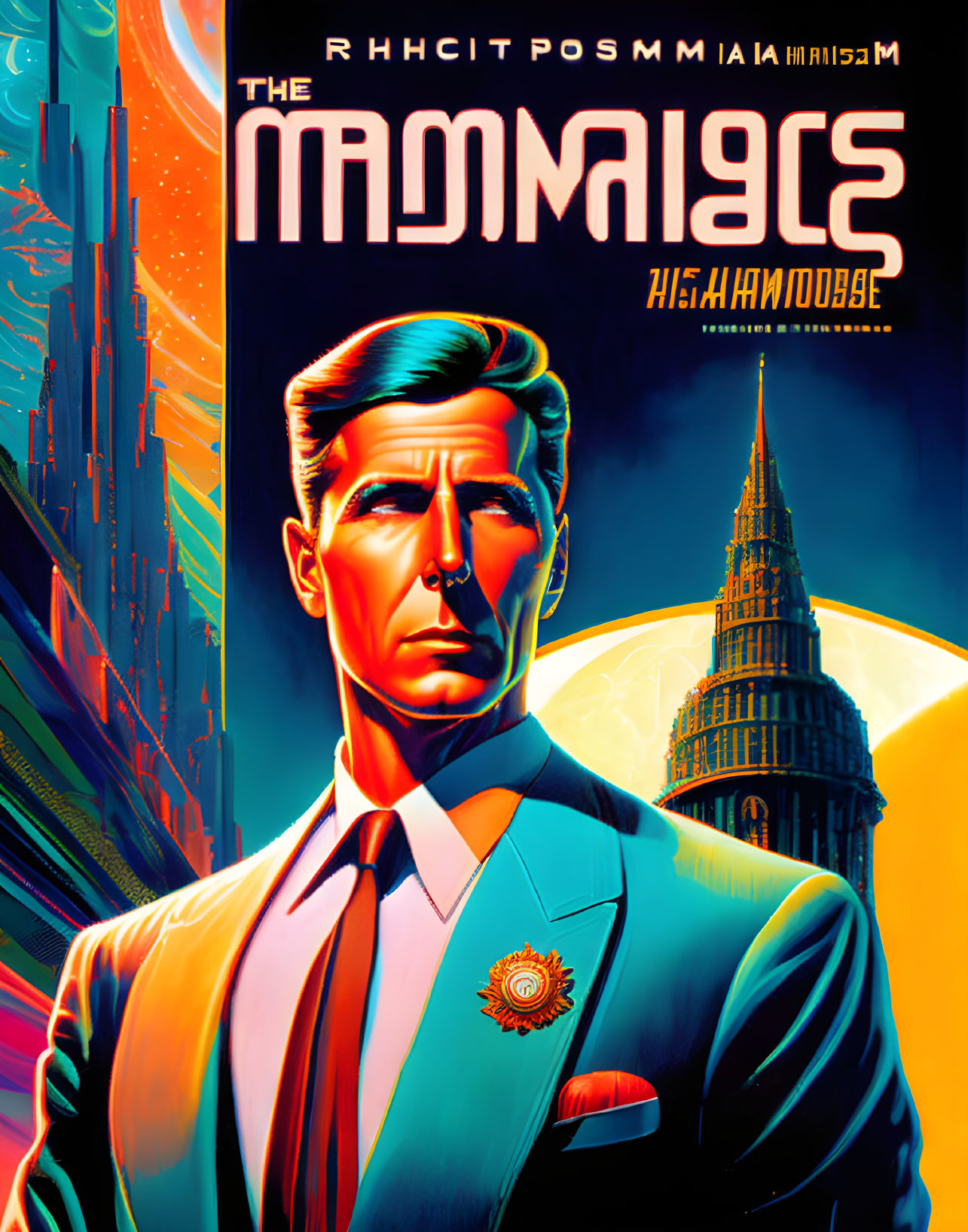 Colorful poster: man in blue suit, retro-futuristic cityscape.