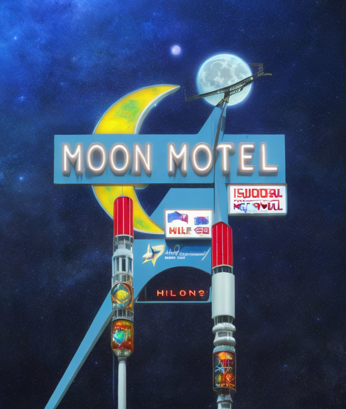 Surreal image of 'Moon Motel' sign with moons and logos in starry night sky