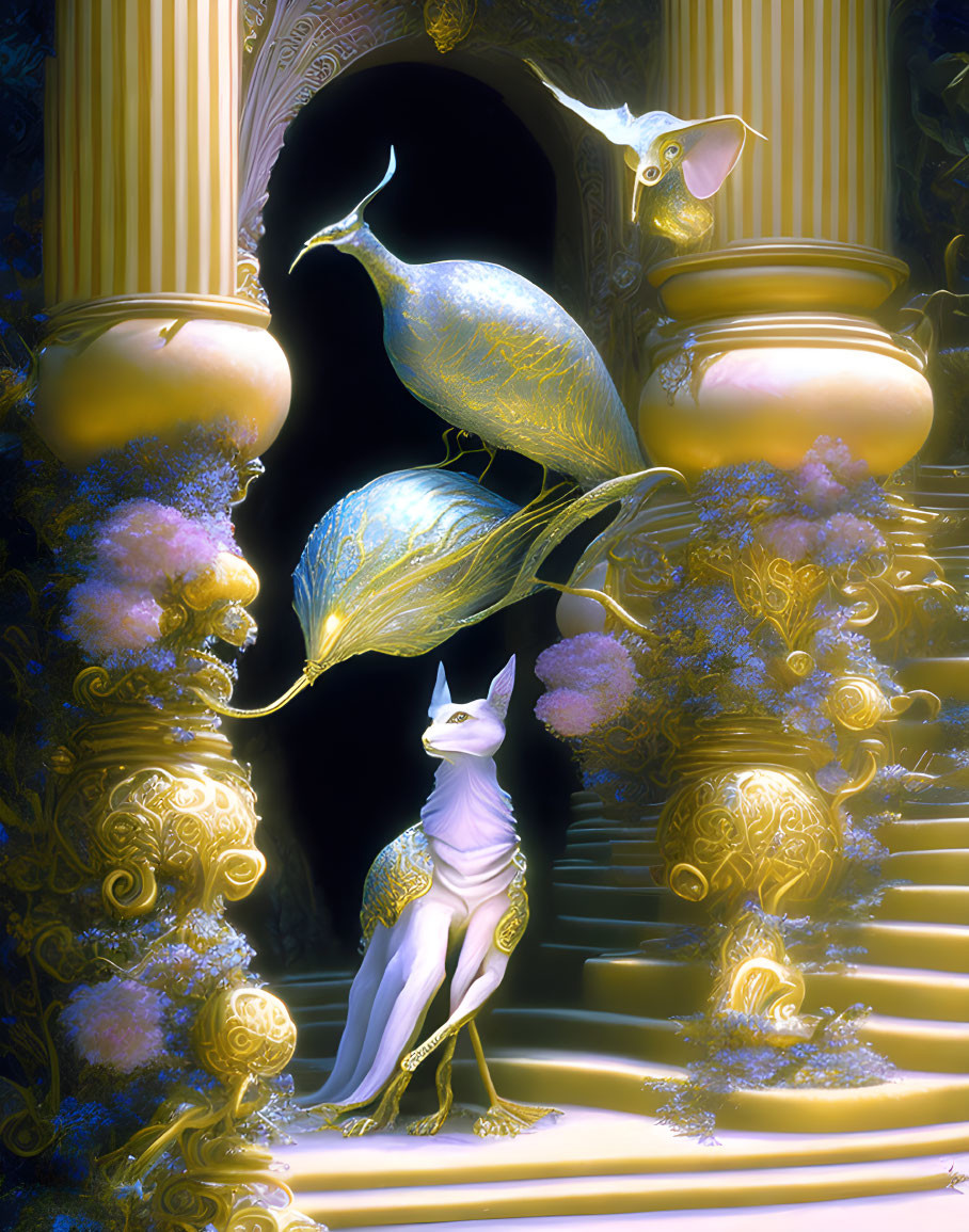 Mystical scene with floating fish, sphinx-like creature, golden pillars, stairs, purple flora